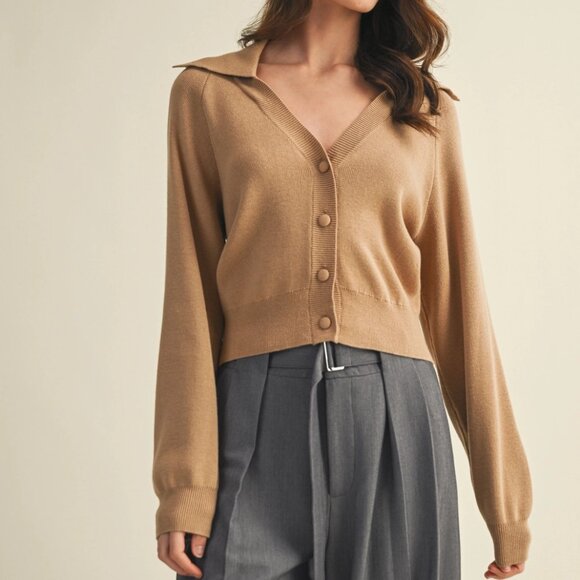 Erika Wide Collar Sweater Cardigan | Women's Tan Button Up Shirt | Beige Neutral - Picture 5 of 10